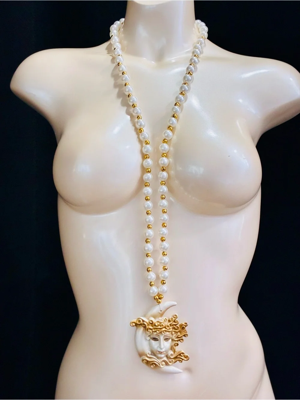 Venetian-Style Mardi Gras  White Pearl Bead Necklace with Gold Moon Mask Pendant